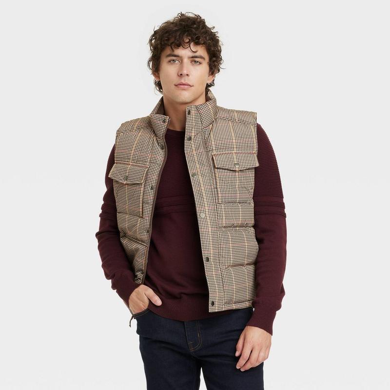 Goodfellow & Co Men's Zipper Snap Houndstooth Midweight Puffer Vest Corduroy