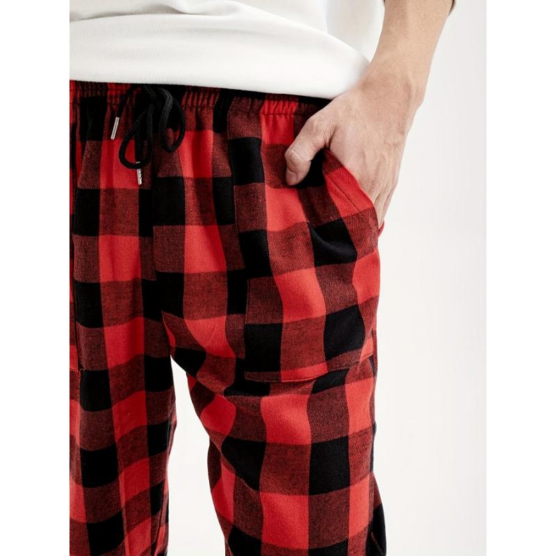 3 Pcs Comfy Plaid Pattern Men's Simple Style Pants, Loose Stretchy Elastic Waist Trendy Home Pajamas Bottom for Sleeping