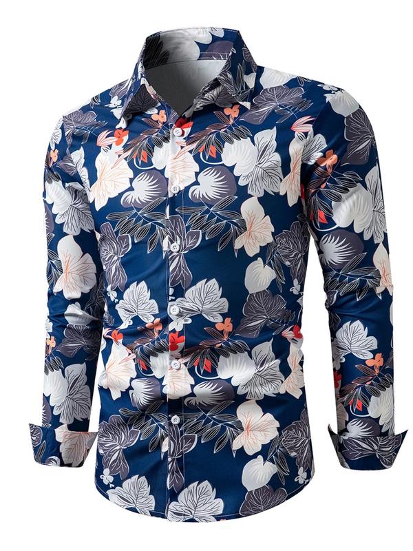 Men's Random Leaf Print Button Front Shirt, Regular Fit Casual Long Sleeve Collared Top for All Seasons, Men's Clothes for Daily Wear