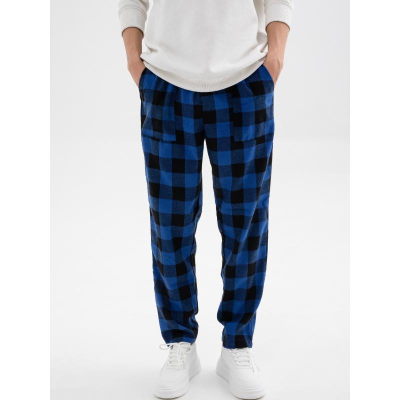 3 Pcs Comfy Plaid Pattern Men's Simple Style Pants, Loose Stretchy Elastic Waist Trendy Home Pajamas Bottom for Sleeping