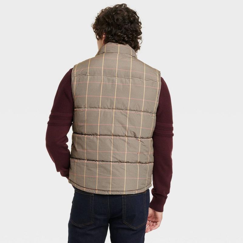 Goodfellow & Co Men's Zipper Snap Houndstooth Midweight Puffer Vest Corduroy