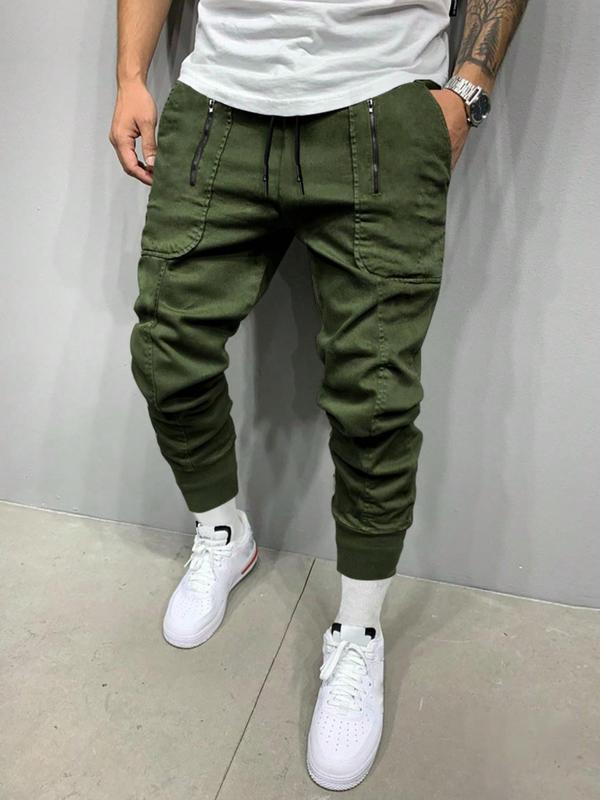 Men's Solid Pocket Drawstring Waist Pants, Regular Fit Casual Fashion Zipper Design Trousers for Daily Wear, Men's Bottoms for All Seasons, 90s Clothes for Men