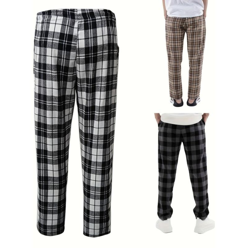 3 Pcs Comfy Plaid Pattern Men's Simple Style Pants, Loose Stretchy Elastic Waist Trendy Home Pajamas Bottom for Sleeping