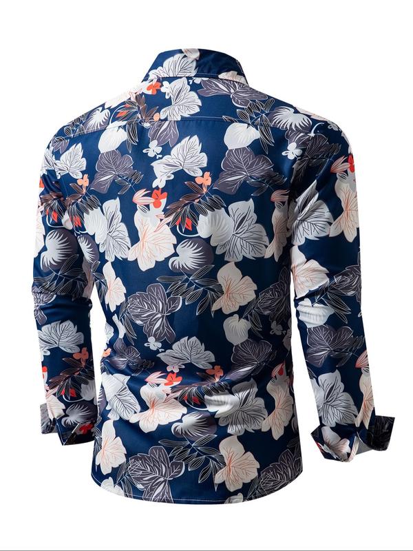 Men's Random Leaf Print Button Front Shirt, Regular Fit Casual Long Sleeve Collared Top for All Seasons, Men's Clothes for Daily Wear