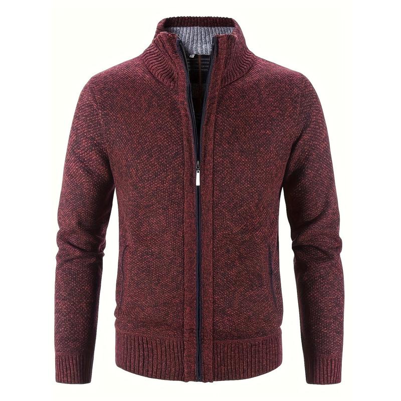 Mens Cozy Zip Up Knitted Jacket - Stylish Stand Collar, Comfortable for Cool Fall & Winter Days with Secure Zip Pockets Fabric Knitwear Menswear Zipper Casual High Neck Polyester Stretch Tops Knife