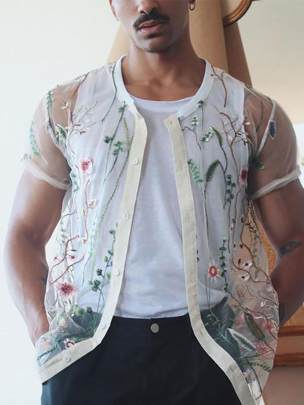 Men's Floral Embroidery Sheer Round Neck Mesh Tee, Loose Casual Short Sleeve Button Front Top for Summer, Fashion Men's Clothes for Daily Wear Sheer Shirts