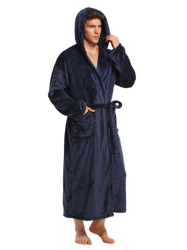 Men's Solid Pocket Belted Hooded Louge Bathrobe, Casual Long Sleeve Thermal Lined Louge Robe, Men's Lougewear for Fall & Winter