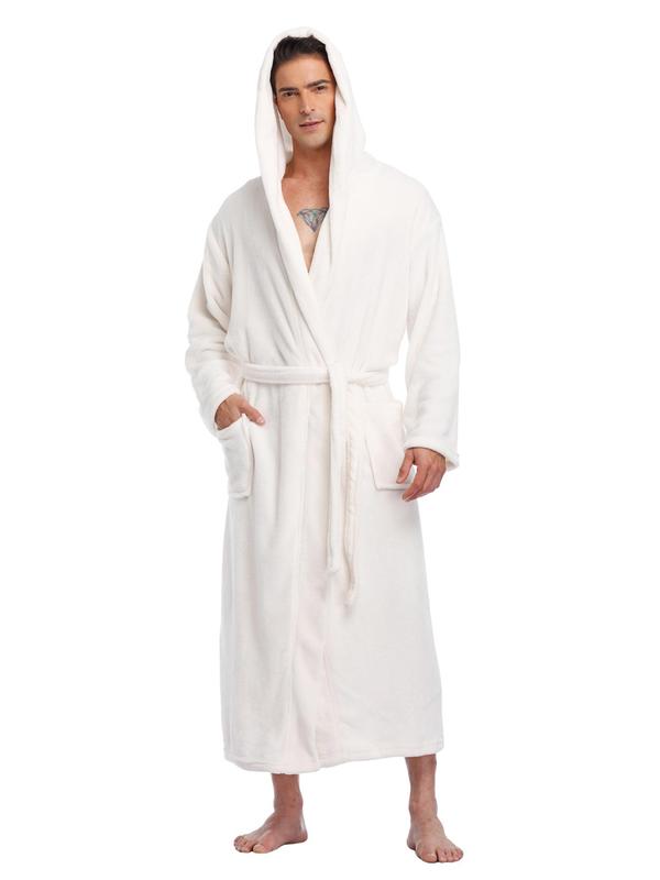 Men's Solid Pocket Belted Hooded Louge Bathrobe, Casual Long Sleeve Thermal Lined Louge Robe, Men's Lougewear for Fall & Winter