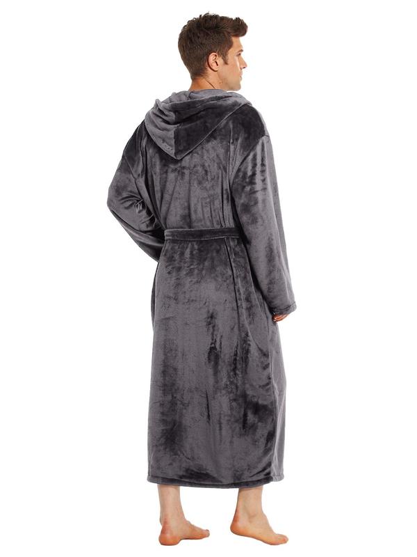 Men's Solid Pocket Belted Hooded Louge Bathrobe, Casual Long Sleeve Thermal Lined Louge Robe, Men's Lougewear for Fall & Winter