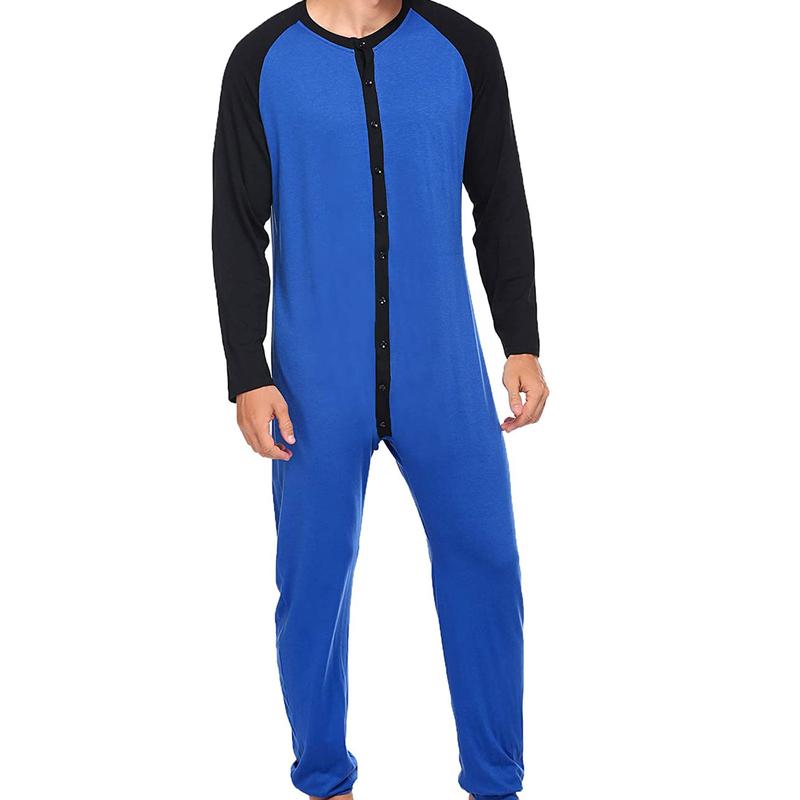 Men's Long Sleeve Comfortable  Pajama Jumpsuit Stripped Henley Button Onesie Romper