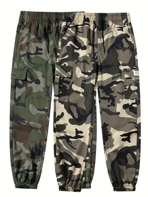 Men's Camo Print Drawstring Waist Flap Pocket Cargo Pants, Regular Fit Casual Patched Elastic Waist Trousers for Outdoor Daily Wear, Fashion Men's Bottoms for All Seasons