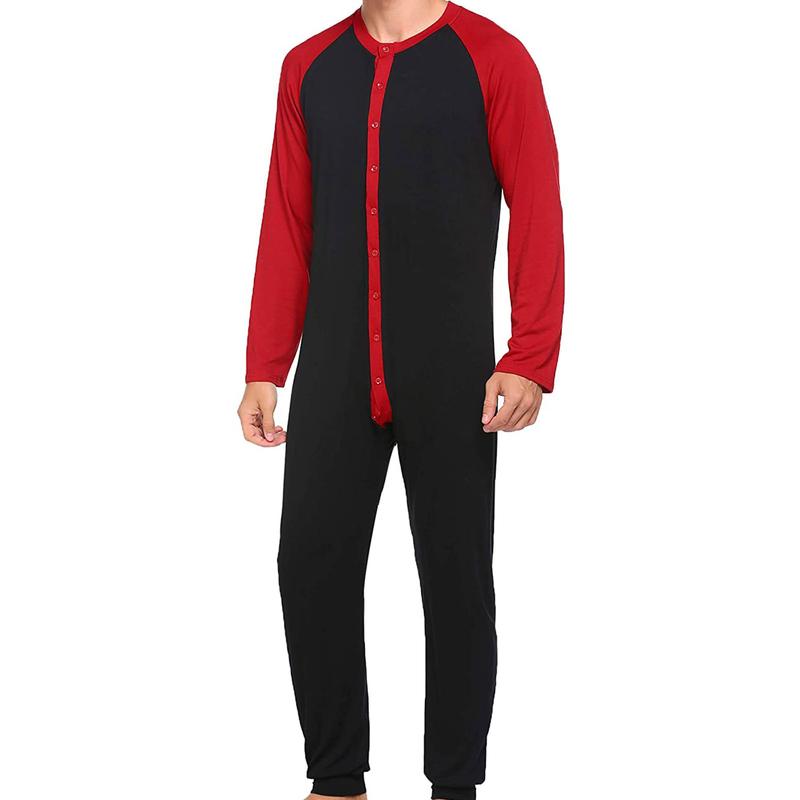 Men's Long Sleeve Comfortable  Pajama Jumpsuit Stripped Henley Button Onesie Romper