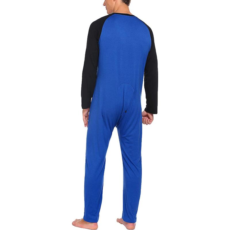 Men's Long Sleeve Comfortable  Pajama Jumpsuit Stripped Henley Button Onesie Romper