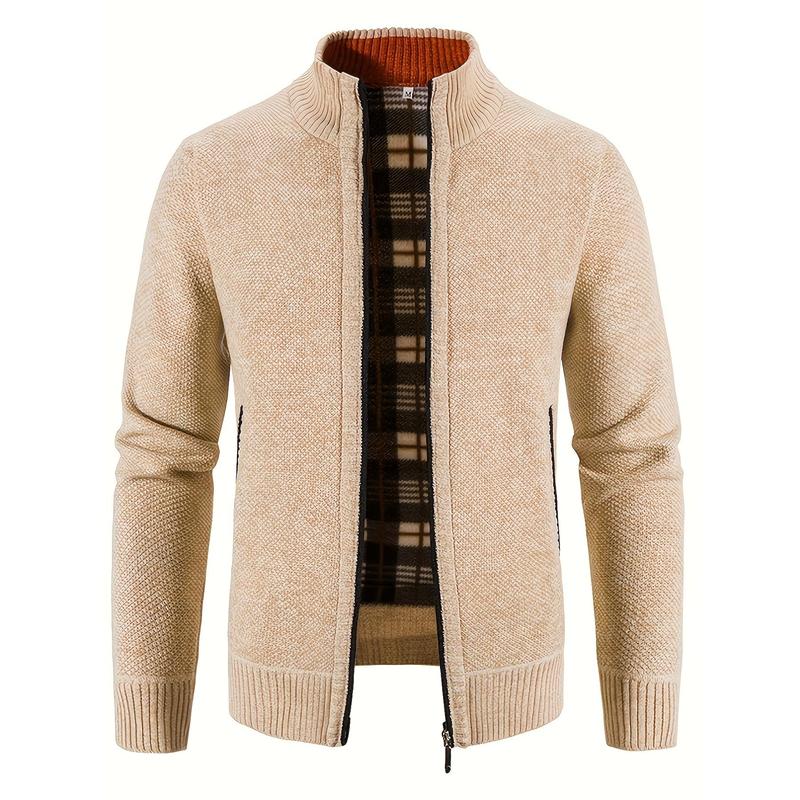 Mens Cozy Zip Up Knitted Jacket - Stylish Stand Collar, Comfortable for Cool Fall & Winter Days with Secure Zip Pockets Fabric Knitwear Menswear Zipper Casual High Neck Polyester Stretch Tops Knife