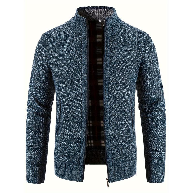 Mens Cozy Zip Up Knitted Jacket - Stylish Stand Collar, Comfortable for Cool Fall & Winter Days with Secure Zip Pockets Fabric Knitwear Menswear Zipper Casual High Neck Polyester Stretch Tops Knife