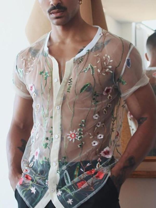 Men's Floral Embroidery Sheer Round Neck Mesh Tee, Loose Casual Short Sleeve Button Front Top for Summer, Fashion Men's Clothes for Daily Wear Sheer Shirts