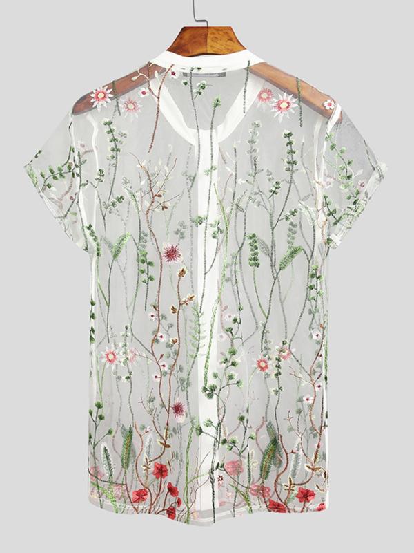 Men's Floral Embroidery Sheer Round Neck Mesh Tee, Loose Casual Short Sleeve Button Front Top for Summer, Fashion Men's Clothes for Daily Wear Sheer Shirts