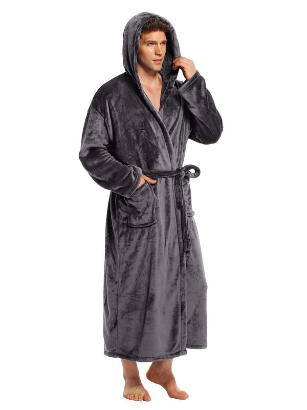 Men's Solid Pocket Belted Hooded Louge Bathrobe, Casual Long Sleeve Thermal Lined Louge Robe, Men's Lougewear for Fall & Winter