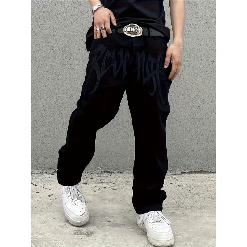 Men's Fashion Embroidered Jeans Loose Fit Cotton Blend Non-Stretch Denim Pants All-Season Regular Length Woven Trousers