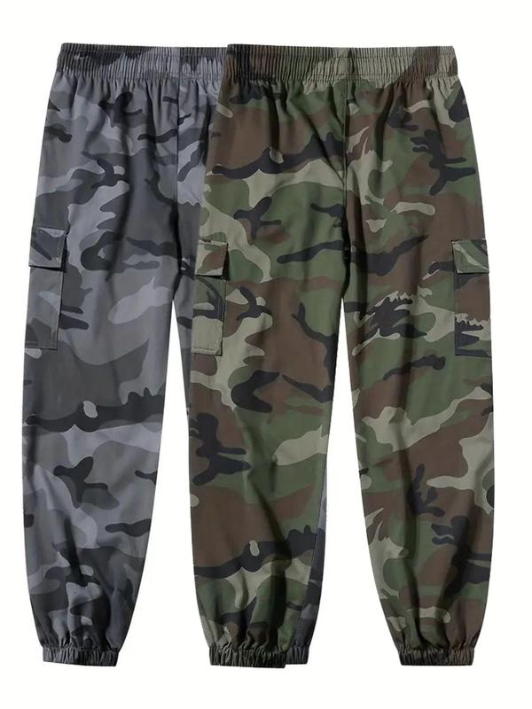 Men's Camo Print Drawstring Waist Flap Pocket Cargo Pants, Regular Fit Casual Patched Elastic Waist Trousers for Outdoor Daily Wear, Fashion Men's Bottoms for All Seasons