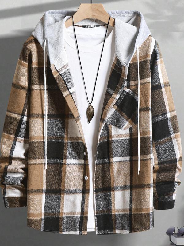 Men's Plaid Print Button Front Drawstring Hooded Shirt, Casual Regular Fit Long Sleeve Pocket Top for All Seasons, Men's Clothes for Daily Wear