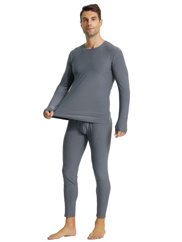 Men's Solid Long Sleeve Thermal Underwear Set, Casual Comfy Tee & Elastic Waist Pants Set for Daily Wear, Thermal Underwear Set for All Seasons