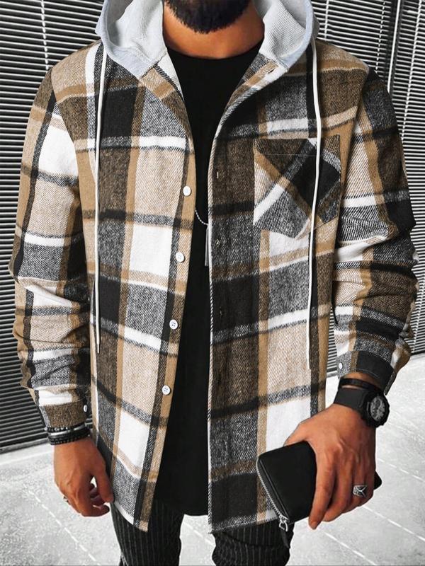 Men's Plaid Print Button Front Drawstring Hooded Shirt, Casual Regular Fit Long Sleeve Pocket Top for All Seasons, Men's Clothes for Daily Wear