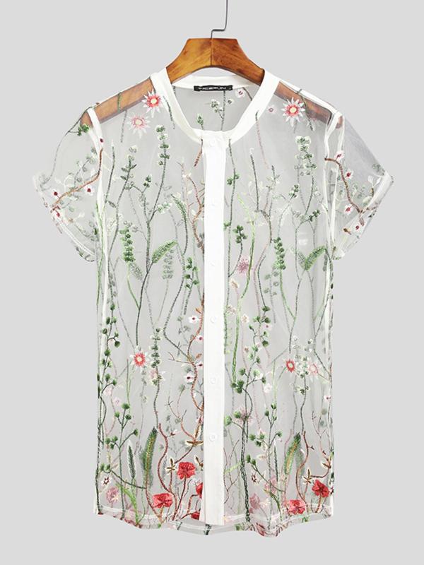 Men's Floral Embroidery Sheer Round Neck Mesh Tee, Loose Casual Short Sleeve Button Front Top for Summer, Fashion Men's Clothes for Daily Wear Sheer Shirts