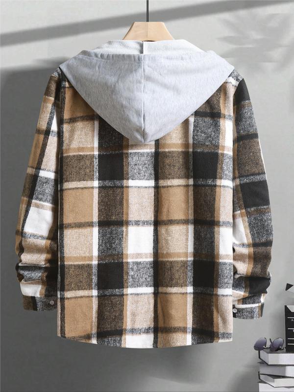 Men's Plaid Print Button Front Drawstring Hooded Shirt, Casual Regular Fit Long Sleeve Pocket Top for All Seasons, Men's Clothes for Daily Wear