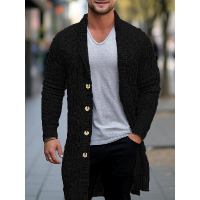 Knitwear coat long sleeve lapel button up cable cardigan sweater, men's autumn winter