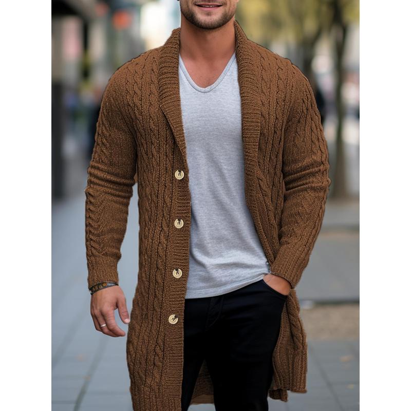 Knitwear coat long sleeve lapel button up cable cardigan sweater, men's autumn winter