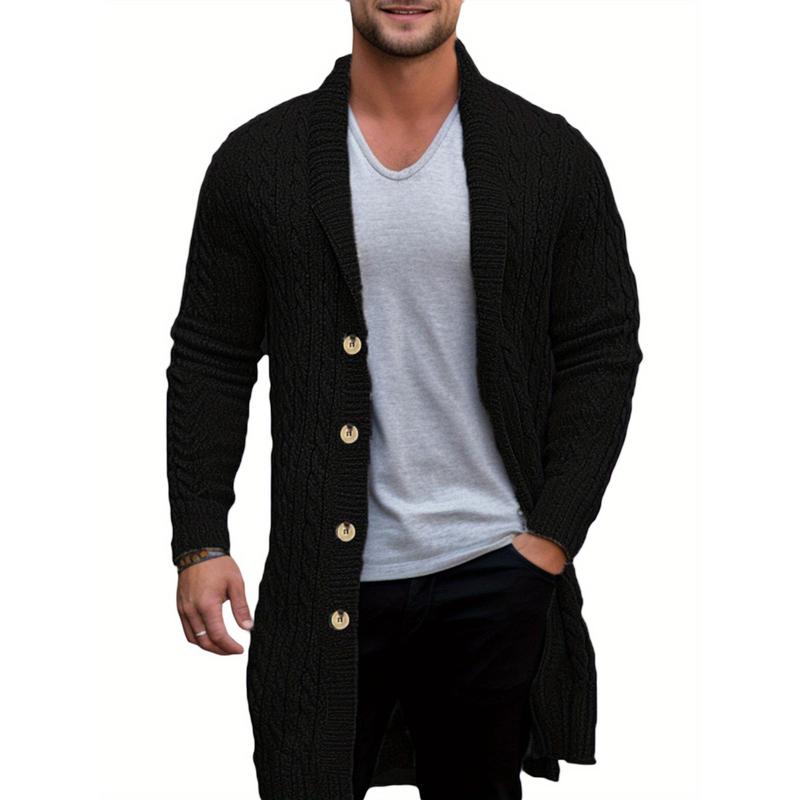 Knitwear coat long sleeve lapel button up cable cardigan sweater, men's autumn winter