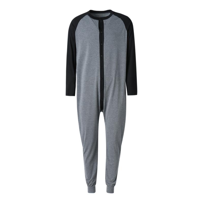 Men's Long Sleeve Comfortable  Pajama Jumpsuit Stripped Henley Button Onesie Romper