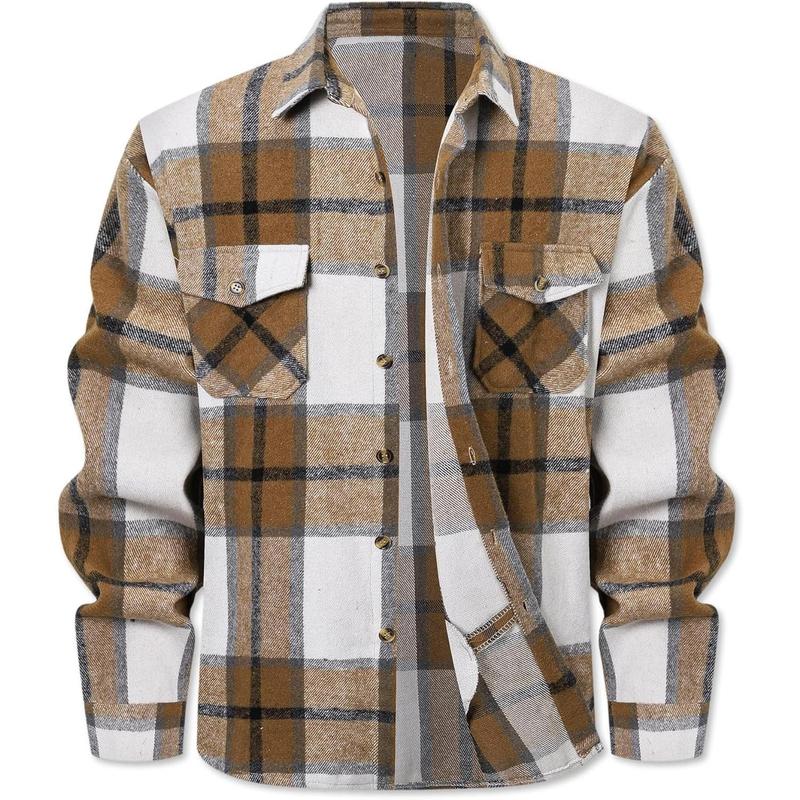 Men's Long Sleeve Thick Flannel Shirt Button Down Plaid Heavyweight Jacket