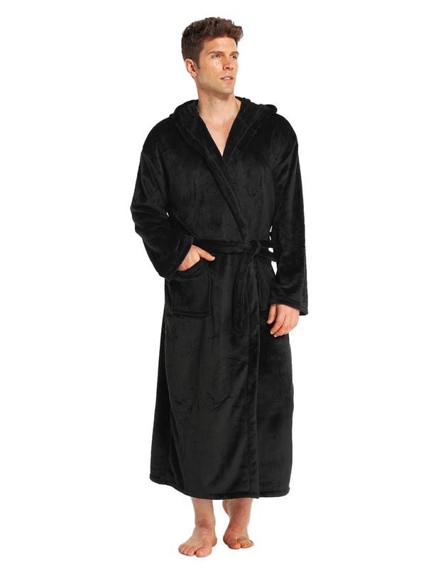 Men's Solid Pocket Belted Hooded Louge Bathrobe, Casual Long Sleeve Thermal Lined Louge Robe, Men's Lougewear for Fall & Winter