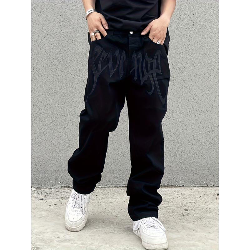 Men's Fashion Embroidered Jeans Loose Fit Cotton Blend Non-Stretch Denim Pants All-Season Regular Length Woven Trousers