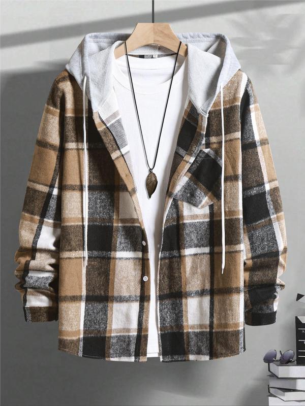 Men's Plaid Print Button Front Drawstring Hooded Shirt, Casual Regular Fit Long Sleeve Pocket Top for All Seasons, Men's Clothes for Daily Wear