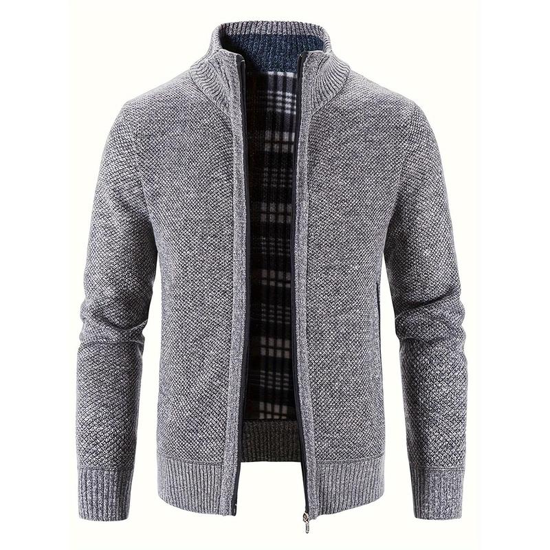 Mens Cozy Zip Up Knitted Jacket - Stylish Stand Collar, Comfortable for Cool Fall & Winter Days with Secure Zip Pockets Fabric Knitwear Menswear Zipper Casual High Neck Polyester Stretch Tops Knife