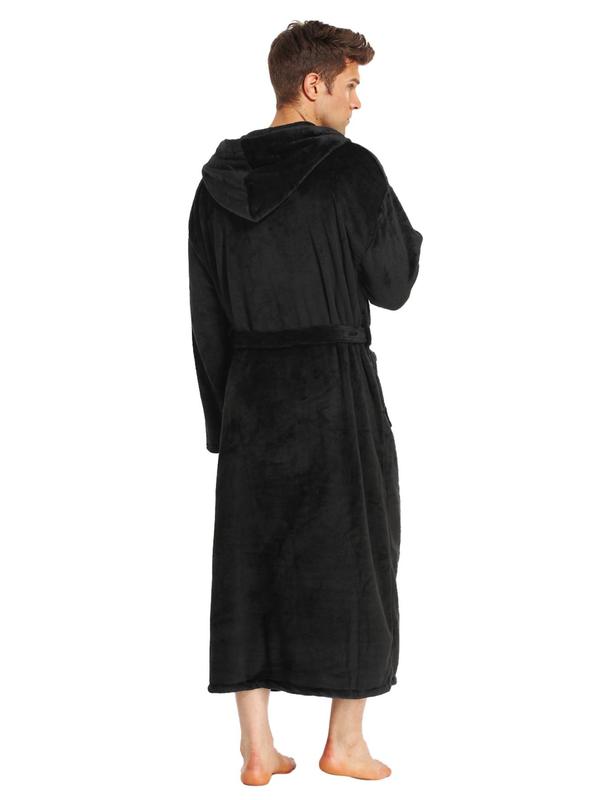 Men's Solid Pocket Belted Hooded Louge Bathrobe, Casual Long Sleeve Thermal Lined Louge Robe, Men's Lougewear for Fall & Winter