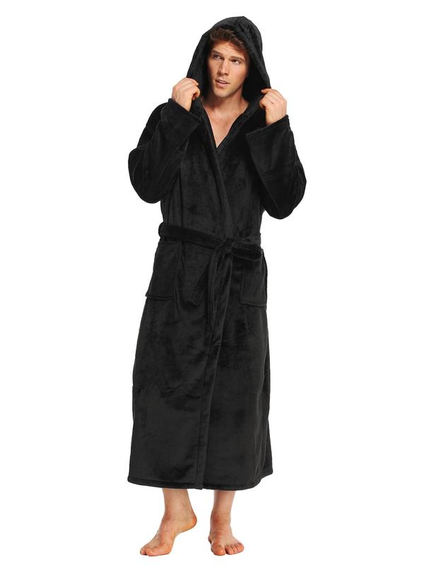 Men's Solid Pocket Belted Hooded Louge Bathrobe, Casual Long Sleeve Thermal Lined Louge Robe, Men's Lougewear for Fall & Winter