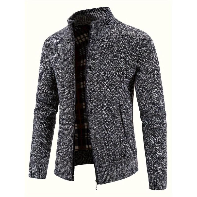 Mens Cozy Zip Up Knitted Jacket - Stylish Stand Collar, Comfortable for Cool Fall & Winter Days with Secure Zip Pockets Fabric Knitwear Menswear Zipper Casual High Neck Polyester Stretch Tops Knife