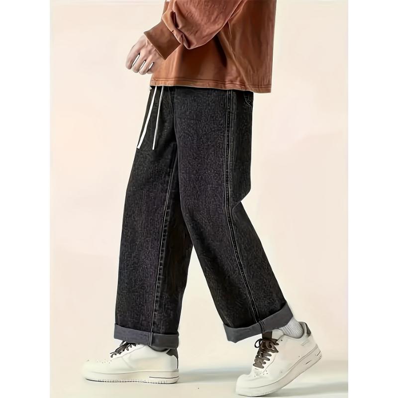 Men's Loose Fit Wide Leg Jeans With Drawstring, Men's Stylish Comfy Denim Pants, Street Style Fashion