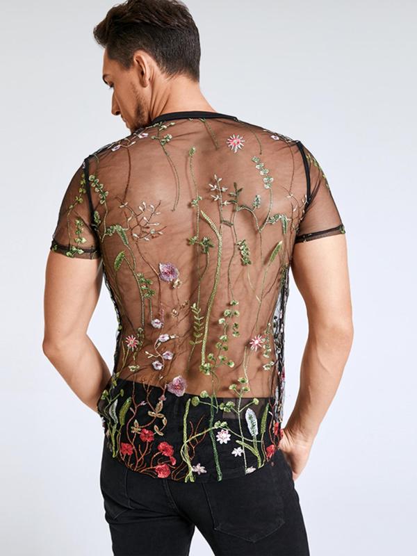 Men's Floral Embroidery Sheer Round Neck Mesh Tee, Loose Casual Short Sleeve Button Front Top for Summer, Fashion Men's Clothes for Daily Wear Sheer Shirts