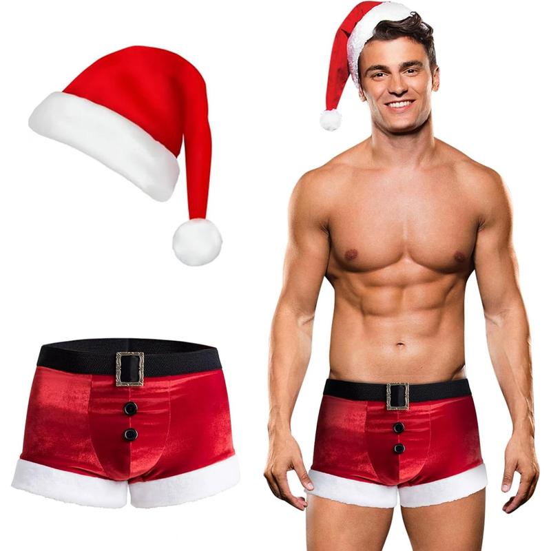 Men's Christmas Lingerie Set Sexy Santa Outfits 2PCS Red Boxers Holiday Briefs Underwear With Hat