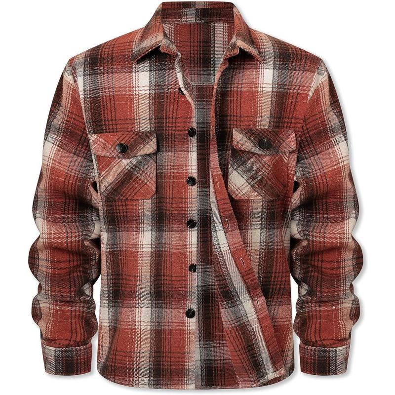 Men's Long Sleeve Thick Flannel Shirt Button Down Plaid Heavyweight Jacket