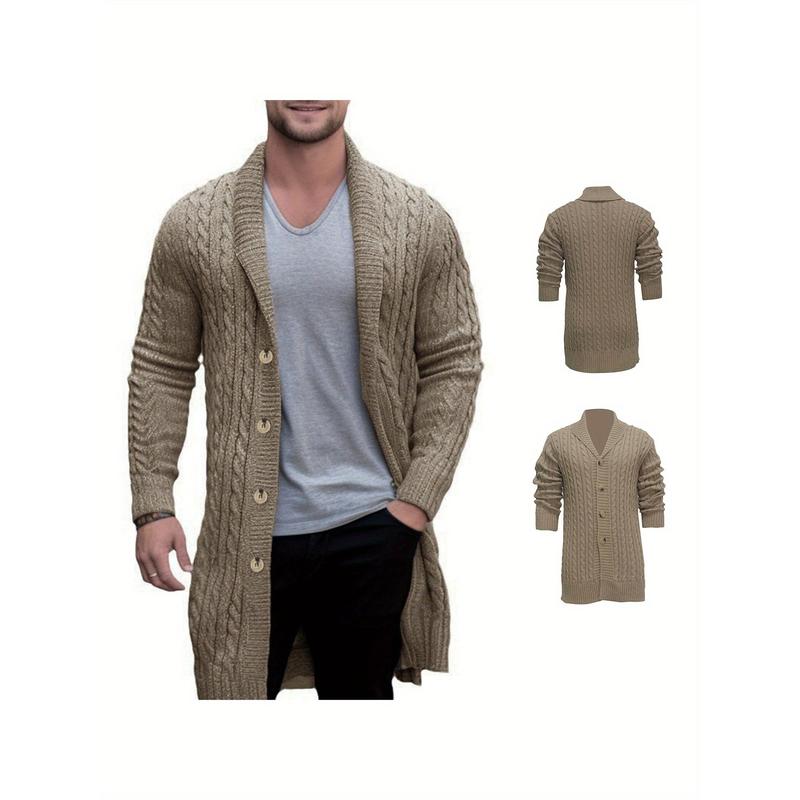 Knitwear coat long sleeve lapel button up cable cardigan sweater, men's autumn winter