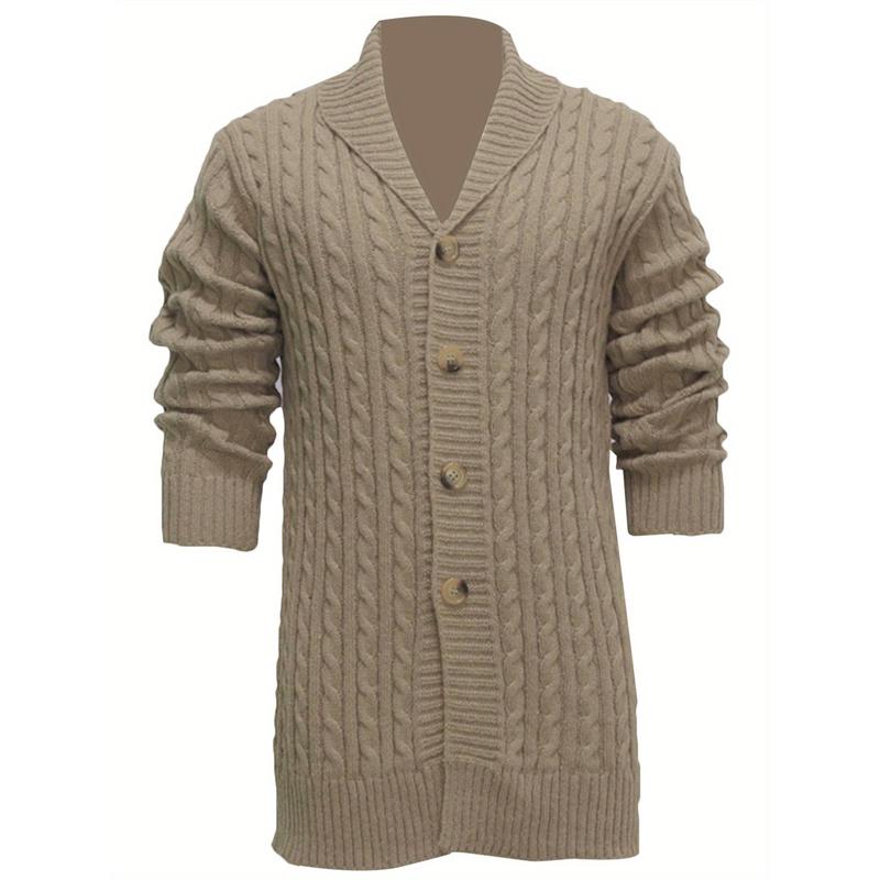 Knitwear coat long sleeve lapel button up cable cardigan sweater, men's autumn winter