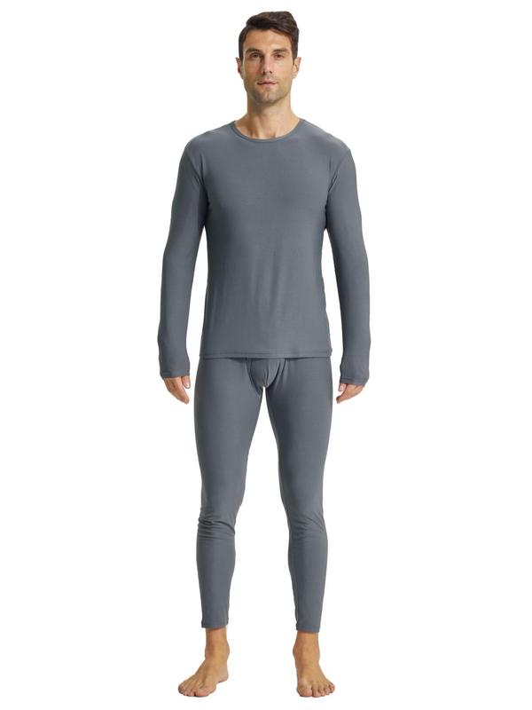 Men's Solid Long Sleeve Thermal Underwear Set, Casual Comfy Tee & Elastic Waist Pants Set for Daily Wear, Thermal Underwear Set for All Seasons