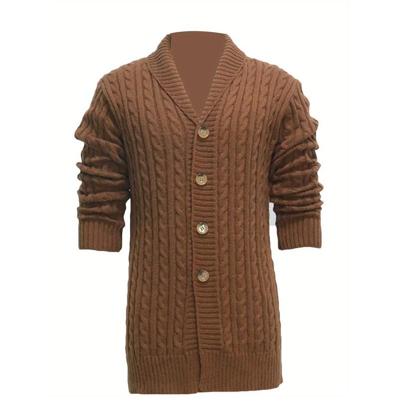 Knitwear coat long sleeve lapel button up cable cardigan sweater, men's autumn winter