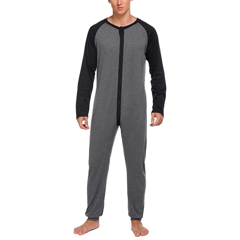 Men's Long Sleeve Comfortable  Pajama Jumpsuit Stripped Henley Button Onesie Romper